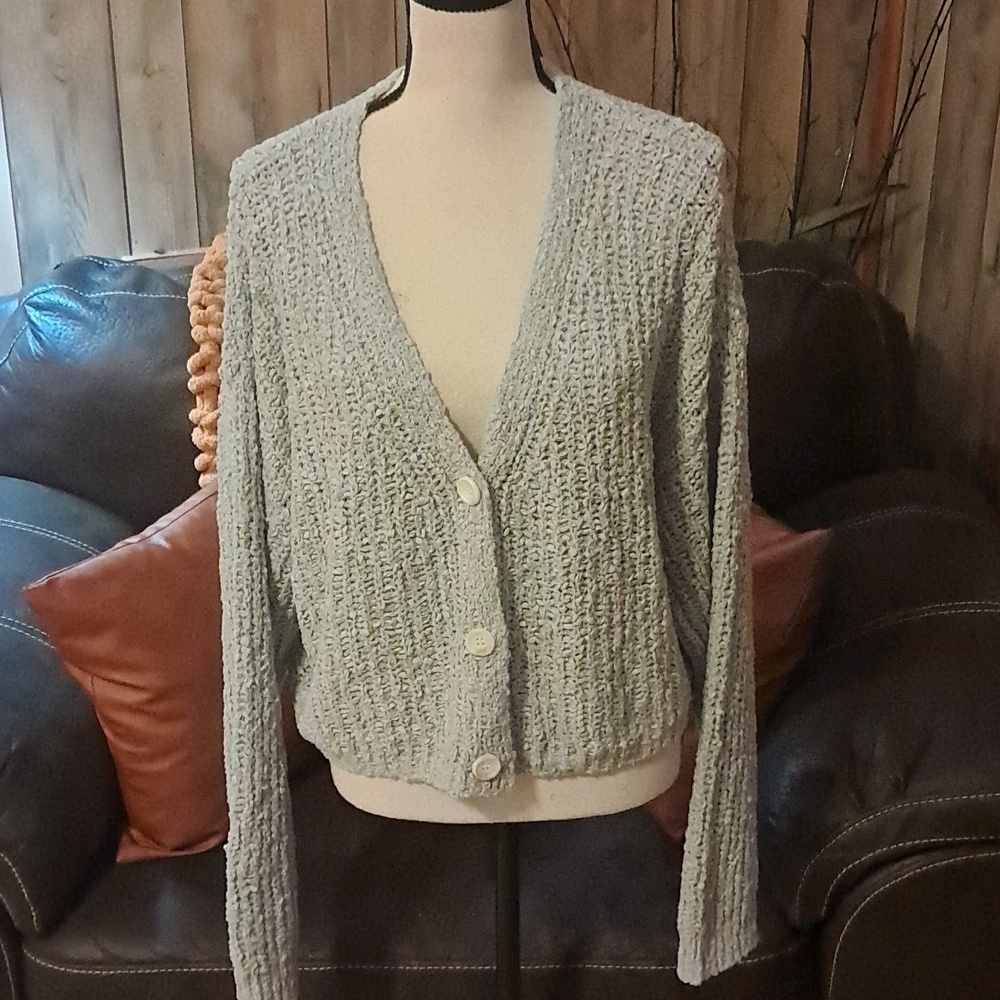 Lulus Warming Up to You Blue Knit Cropped Cardigan Sweater Women Size XL